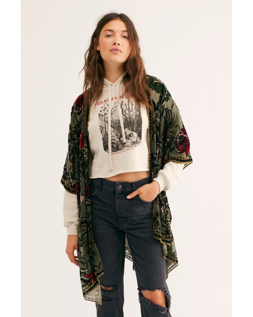Free People Muse Burn Out Velvet Kimono Top Red Flowy One Size Cover Up NWT