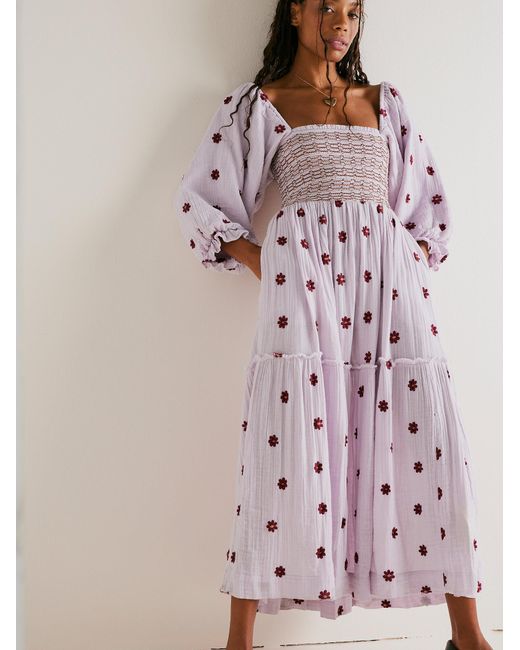 dahlia embroidered maxi dress burgundy road Free People At In Frost Lavender Combo, Size: Xs Clothing