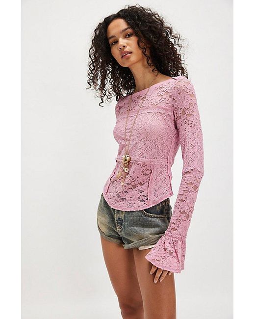 Free People Pink Sheer Lace Flared Long Sleeve Top