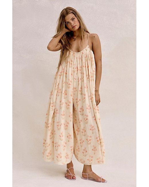 Free People Natural Raffia Blooms Printed Jumpsuit