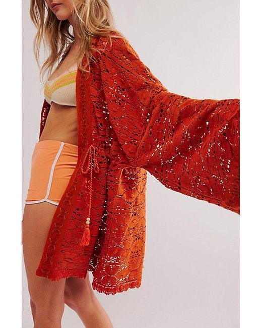 Free People Orange Bell Sleeve Lace Kimono