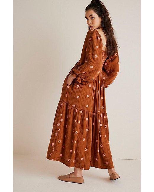 Free People Brown Dahlia Embroidered Maxi Dress At In Carmel Cafe Combo, Size: Xs