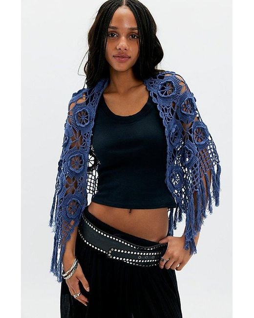 Anna Sui Blue Linen Crochet Shawl