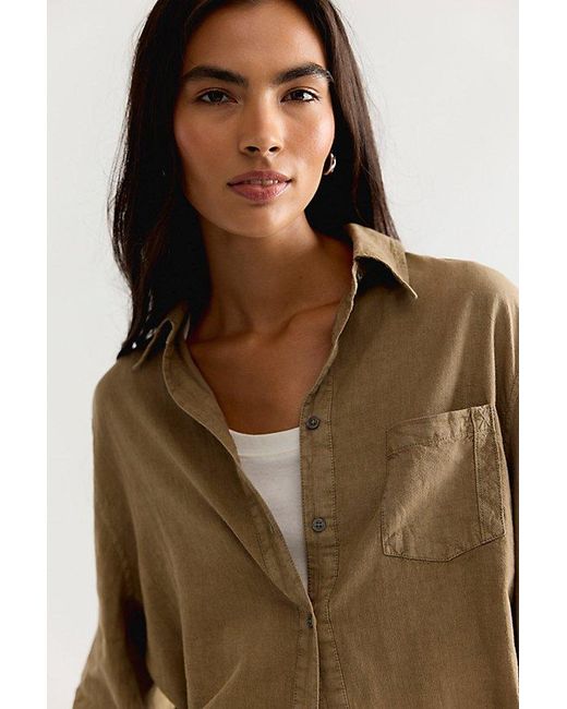 Free People Brown Sabine Striped Linen Button Down Top