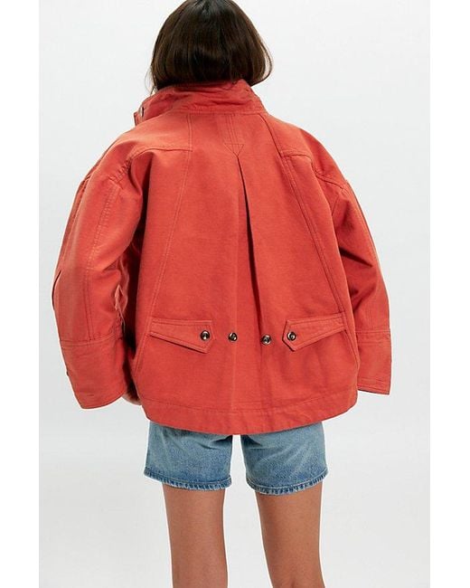 Free People Red Collins Washed Canvas Funnel-Neck Jacket
