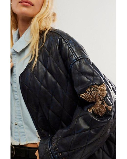 One Teaspoon Eagle Eye Quilted Leather Jacket At Free People In Blue Black, Size: Small
