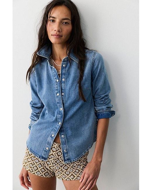 Free People Blue Benny Slim Denim Button Down Top