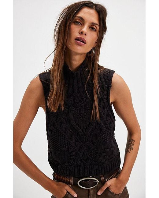 Free People Chunky Cable Knit Turtleneck Vest in Black Lyst