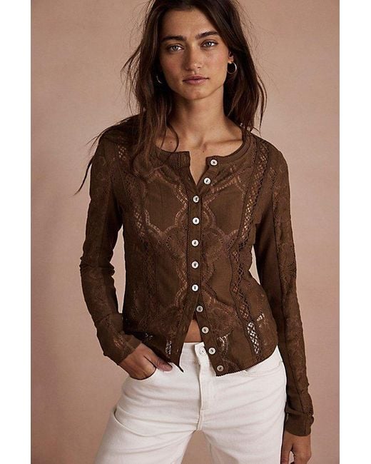 Free People Brown Jae Sheer Lace Knit Long Sleeve Top