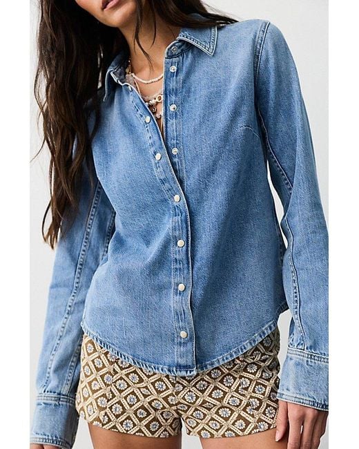 Free People Blue Benny Slim Denim Button Down Top