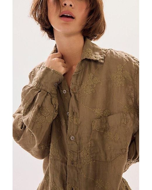 Llea Blue Brown Floral Embroidered Linen Shirt