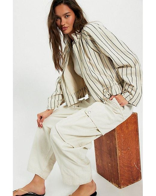Free People Natural Devon Striped Balloon Funnel-Neck Jacket