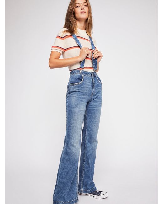 Free People Blue Suspender High Rise Flare Jeans