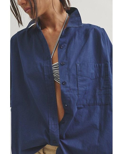 Free People Blue Lexi Poplin Button Down Shirt