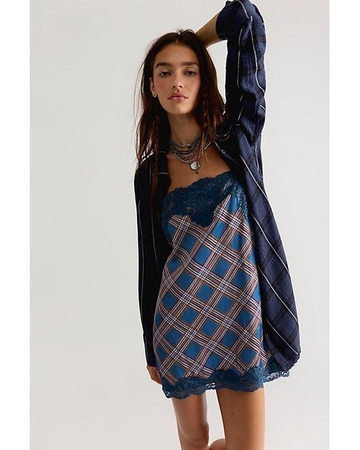 Free People Blue Canal Street Plaid Slip Dress Set