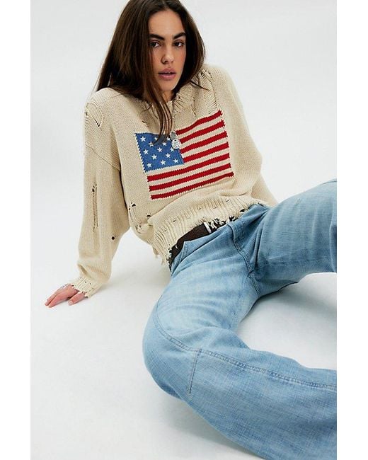 Denimist Blue Oversized Cropped American Flag Sweater