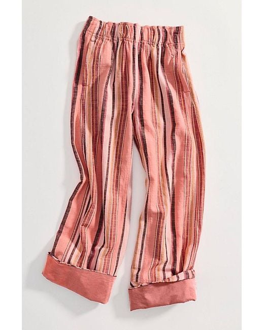Free People Red Day's End Linen Striped Pull-On Pants