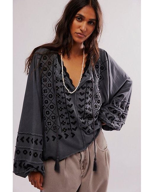 Free People Black Savannah Embroidered Top