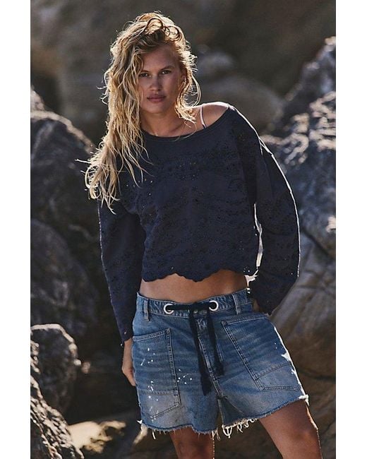 Free People Blue Iris Embroidered Sweatshirt