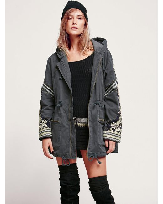 Free People Gray Golden Quills Military Parka