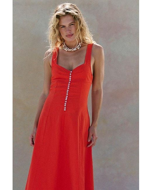free-est Red Holland Stretch Linen Midi Dress By