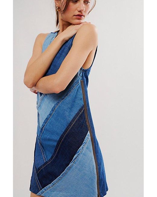 Free People Patches Of Denim Mini Dress At In Blue Combo, Size: Xs