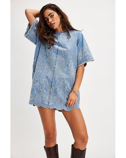 Free People Blue Harlow Embroidered Mini Dress