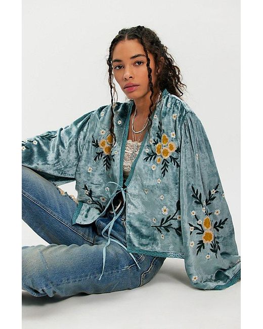 Denim and Bone Blue Embroidered Bed Jacket