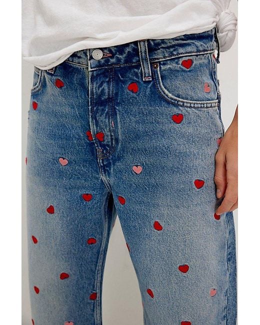 Free People Blue Deep Trance Embroidered Dropped Boyfriend Jeans