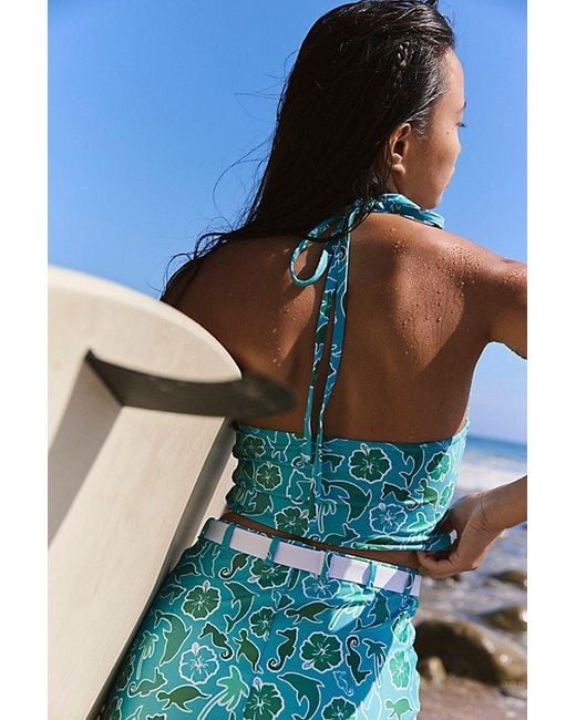Inner Relm Blue Smiletown Long Crop Surf Top