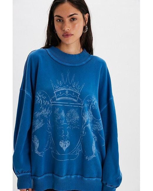 Free People Blue Palm Spring Turtleneck Graphic Pullover