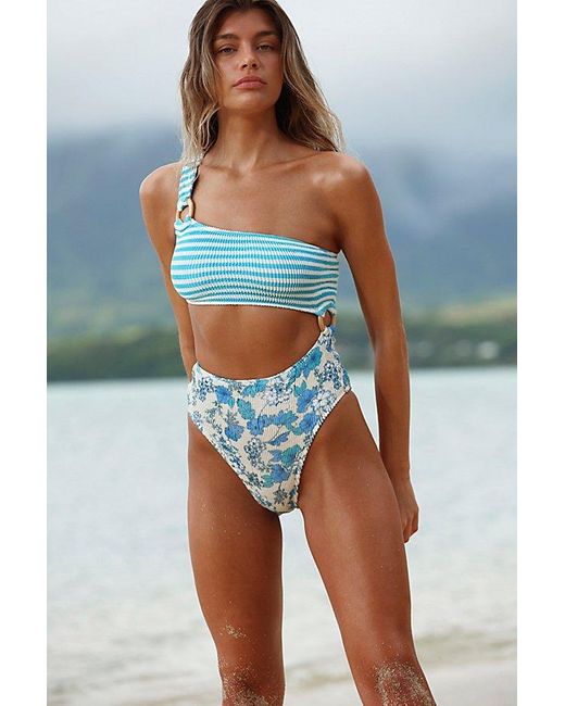 Cleonie Swim Blue Shell Maillot Smocked One-Piece Swimsuit By