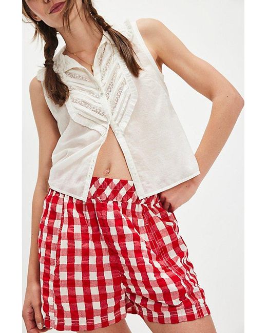 Free People Red Get Free Seersucker Pull-On Shorts