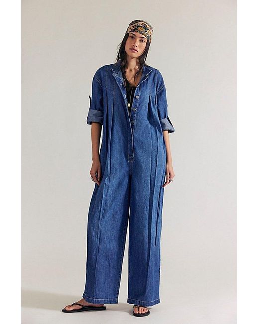 Free People Blue Tiki Denim Coveralls