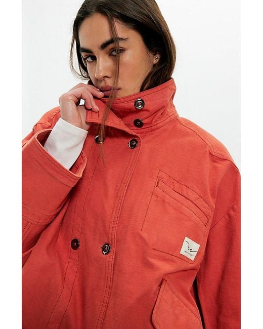 Free People Red Collins Washed Canvas Funnel-Neck Jacket