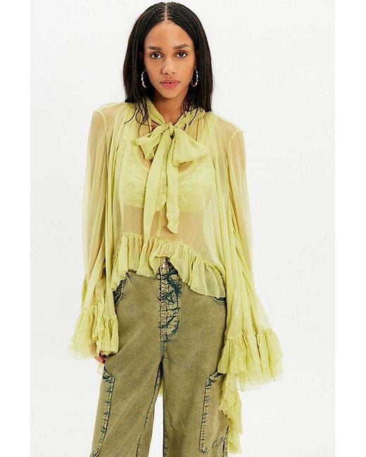 Free People Green Full Sleeve Frill Top