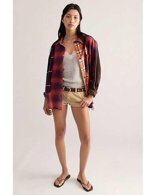 THE TALES Red Reworked Pierced Flannel Button Down