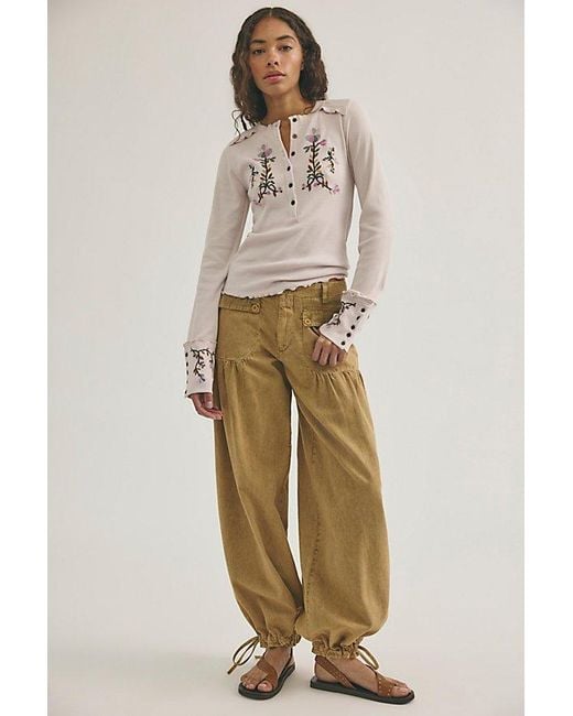 Free People Natural Fleur Embroidered Cuff Henley