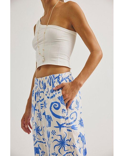Free People Blue Day's End Linen Printed Pull-On Pants