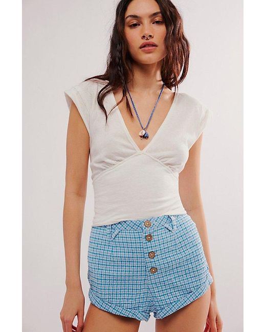 Free People Blue Checked Out Plaid Micro Shorts