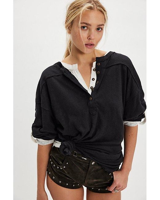 Free People Black Cotton-Linen Henley Tee