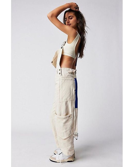 Free People Green Rayna Carpenter Overalls At In Ecru Combo, Size: Medium