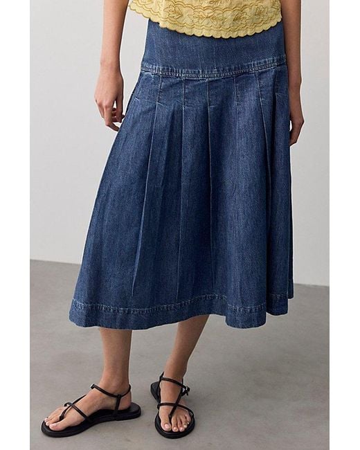 Free People Blue Skipper Pleated Denim Midi Skirt