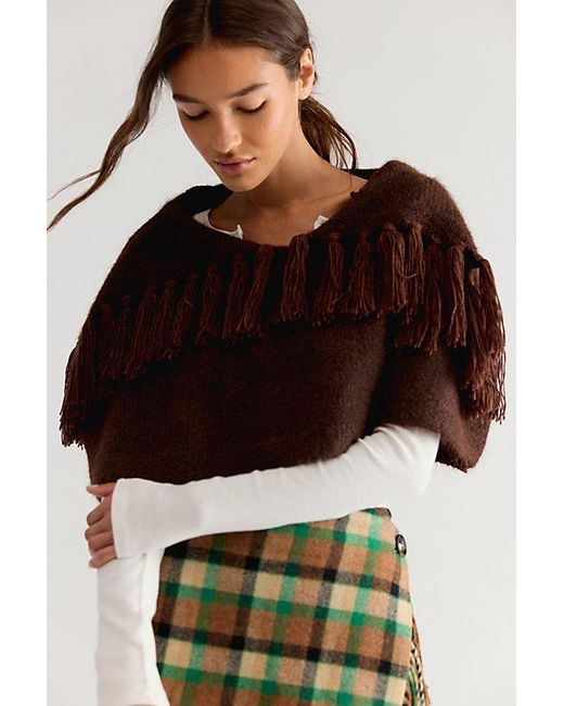 Free People Brown Cabin Fever Fringe Capelet