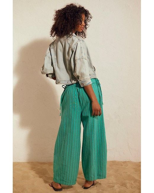 free-est Green Sun Dazed Cotton-Linen Striped Pants By