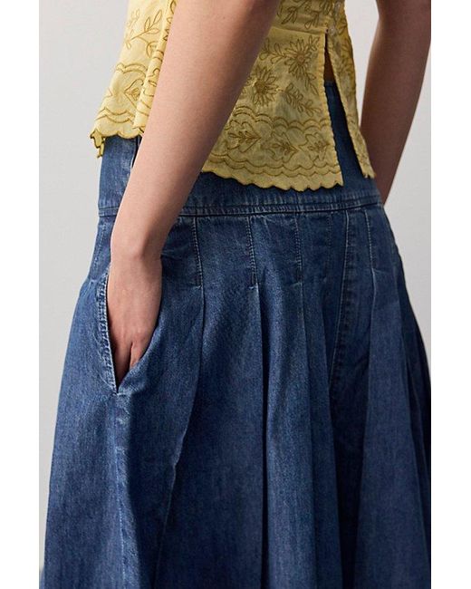 Free People Blue Skipper Pleated Denim Midi Skirt