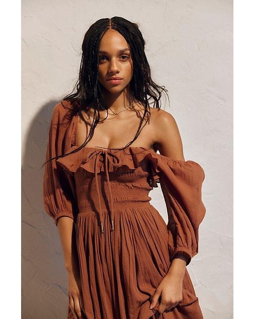 oasis brown dress Oasis Petite Satin Lace Insert Flute Sleeve Midi Dress in Brown