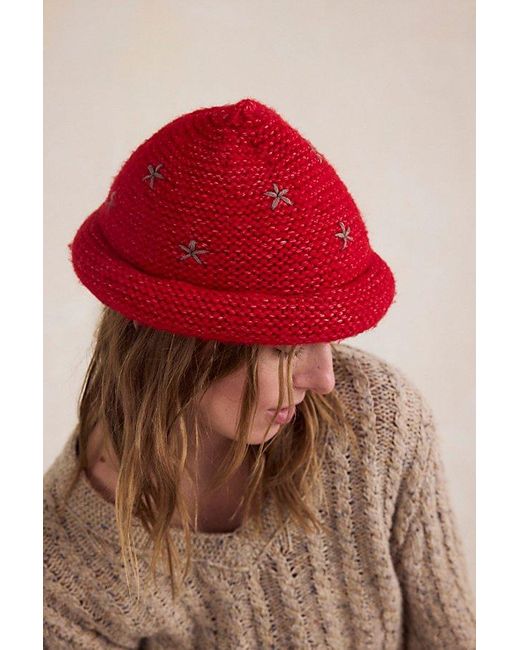 Free People Red Daisy Knitted Bucket Hat