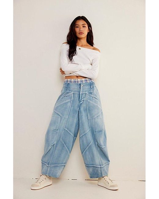 Free People Blue Ride Out Barrel Moto Pants