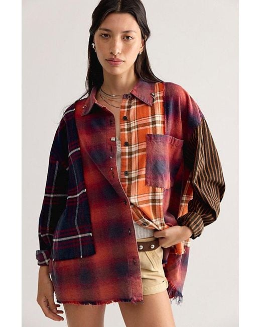 THE TALES Red Reworked Pierced Flannel Button Down